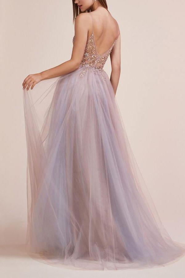 A Line Spaghetti Straps Deep V Neck Beads Tulle Prom Dresses with High Split Party Dress