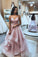 A Line Spaghetti Straps Pink V Neck Backless Prom Dresses Long Evening Dresses