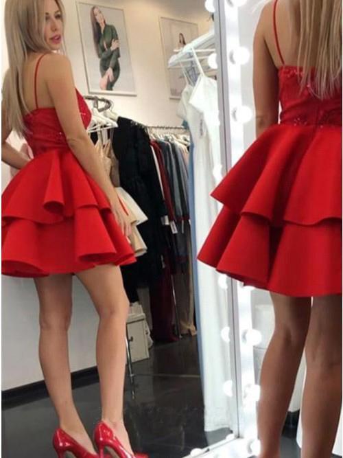 A Line Spaghetti Straps Short Red Tiered Homecoming Dress with Lace Prom Dresses