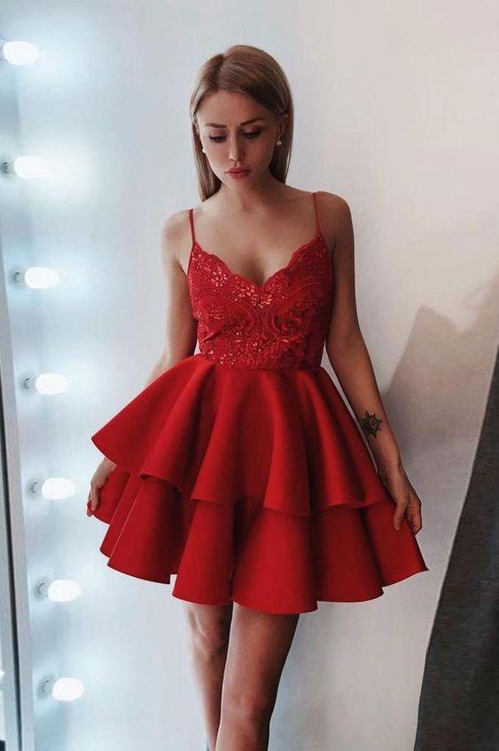 A Line Spaghetti Straps Short Red Tiered Homecoming Dress with Lace Prom Dresses