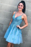 A Line Spaghetti Straps V Neck Blue Lace Appliques Homecoming Dresses with Lace up