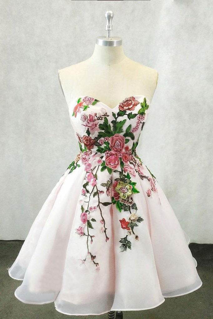 A Line Straps Sweetheart Pink Homecoming Dresses with Floral Print Short Prom Dress
