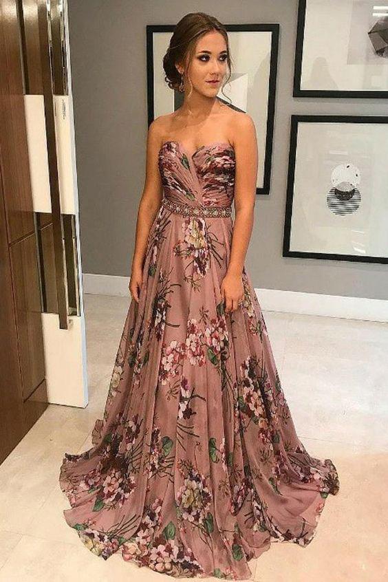 A Line Sweetheart Ruffles Sweep Train Floral Printed Chiffon Prom Dress with Beading