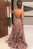 A Line Sweetheart Ruffles Sweep Train Floral Printed Chiffon Prom Dress with Beading