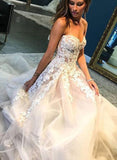 A Line Sweetheart Tulle Wedding Dress with Lace Appliques Long Prom Formal Dresses