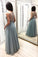 A Line Tulle Blue Floor Length Prom Dresses Beaded Long Evening Graduation Dresses