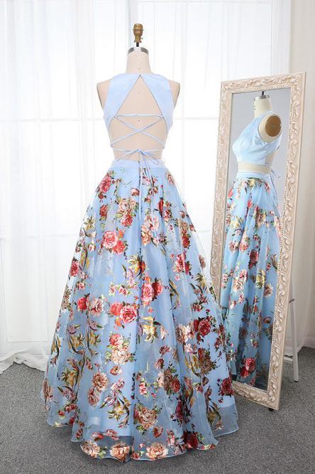 A Line Two Piece Crew Open Back Prom Dresses Light Blue Printed Evening Dresses