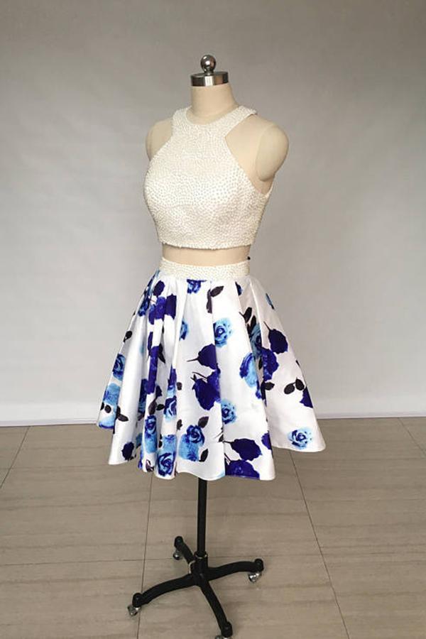 A Line Two Piece Ivory Jewel Floral Print Satin Short Homecoming Dress with Pearls