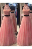 A Line Two Pieces Halter Long Pink Tulle Backless Prom Dress with Beading Lace