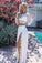 A Line Two Pieces Long Sleeve Prom Dresses Scoop High Slit White Evening Dresses