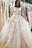 A Line V Neck Long Ivory Lace Appliques Wedding Dresses Beads Tulle Prom Dresses