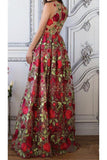 A Line V Neck Red Floral Boho Prom Dress Elegant Long Evening Dresses