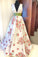 A Line V Neck Straps Floral Print Deep V Neck Ivory Prom Dresses Long Evening Dresses