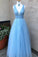 A Line V Neck Tulle Light Blue Prom Dresses Floor Length Beads Evening Gowns
