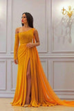 A Line Yellow One Long Sleeve Chiffon Prom Dresses High Slit Formal Dresses