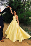 A Line Yellow V Neck Prom Dresses Satin Backless Lace up Long Evening Dresses