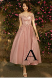 A line Dusty Pink Short Sleeve Bridesmaid Dresses Lace Tulle Prom Dresses