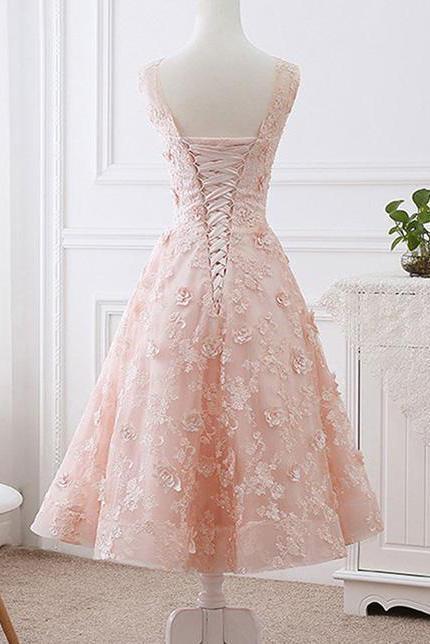 A line Pink Lace Appliques Cap Sleeve Scoop Homecoming Dresses Short Prom Dress