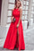 A line Red High Slit Prom Dresses Scoop Ruffles Floor Length Evening Dresses