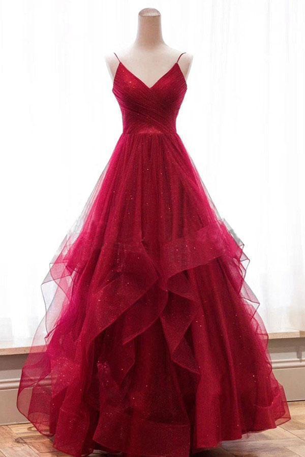 A line Red Ruffles Spaghetti Straps V Neck Prom Dresses Backless Long Evening Dresses