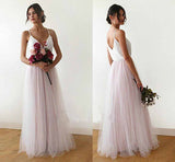 A line Spaghetti Straps Pearl Pink V Neck Backless Tulle Bridesmaid Dress Prom Dresses