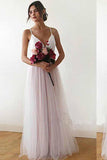A line Spaghetti Straps Pearl Pink V Neck Backless Tulle Bridesmaid Dress Prom Dresses