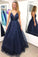 A line Spaghetti Straps V Neck Prom Dresses Sparkly Navy Blue Long Evening Dresses