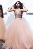 A line Tulle Blush Pink Prom Dresses with Beaded Sequins V Neck Bodice