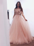 A line Tulle Blush Pink Prom Dresses with Beaded Sequins V Neck Bodice