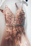 A line V Neck Lace Appliques Pink Spaghetti Straps Tulle Prom Dresses Formal Dresses