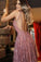 A line V Neck Pink Lace Backless Appliques Prom Dresses Sleeveless Evening Dresses