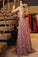 A line V Neck Pink Lace Backless Appliques Prom Dresses Sleeveless Evening Dresses