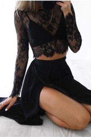 Black Long Sleeves Sexy Slit Two-piece Cheap A-line High Neck Lace Chiffon Prom Dresses JS868