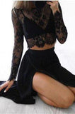 Black Long Sleeves Sexy Slit Two-piece Cheap A-line High Neck Lace Chiffon Prom Dresses JS868