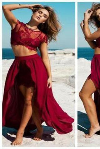 Burgundy Sexy Slit Two-piece Cheap Cap Sleeve Lace Scoop A-Line Prom Dresses