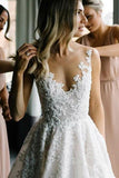 A Line Round Neck Floor Length V Neck Cheap Wedding Dress with Lace Appliques