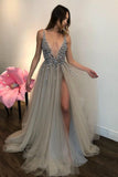 Backless Grey V Neck Sexy Prom Dresses with Slit Rhinestone See Through Evening Gowns