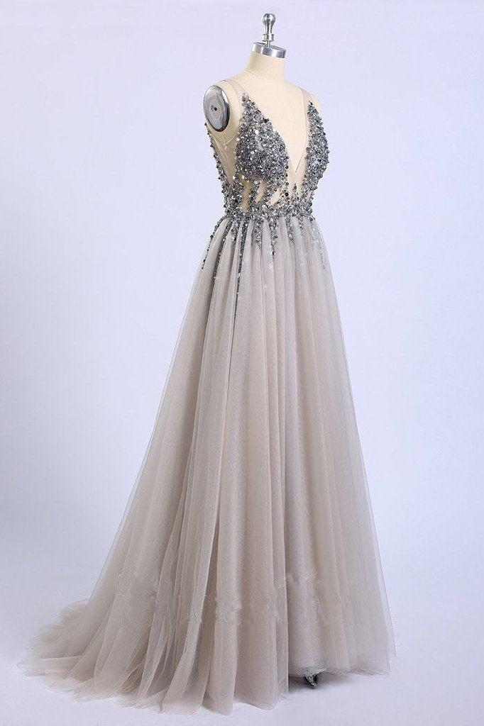 Backless Grey V Neck Sexy Prom Dresses with Slit Rhinestone See Through Evening Gowns
