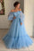Ball Gown Blue Tulle Prom Dresses Long Sleeve Off the Shoulder Quinceanera Dresses
