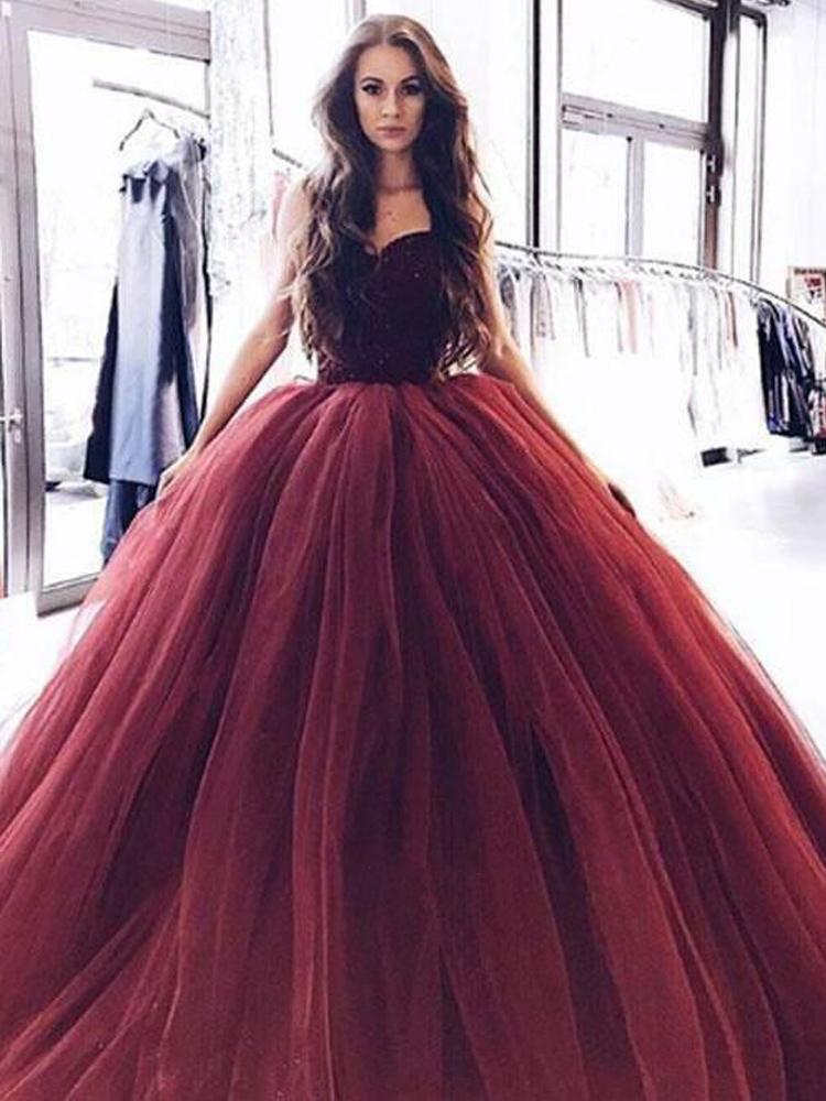 Ball Gown Burgundy Tulle Strapless Sweetheart Prom Dresses Quinceanera Dresses