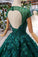 Ball Gown Green Court Train Scoop Lace Appliques Cap Sleeves Lace up Prom Dresses