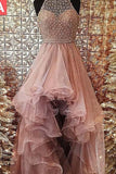 Ball Gown Halter High Low Prom Dresses Beading Asymmetrical Tulle Evening Dresses