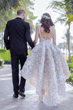 Ball Gown Lace Appliques High Low Backless Beads Wedding Dresses Bridal Dresses