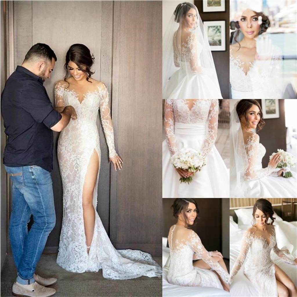 Ball Gown Long Sleeve Ivory Satin Wedding Dresses with Lace Long Bridal Dresses