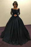 Ball Gown Long Sleeves Navy Blue With Lace Prom Dress Quinceanera Dresses