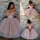 Ball Gown Off the Shoulder Homecoming Dress Pink Tea Length Prom Dresses