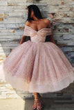 Ball Gown Off the Shoulder Homecoming Dress Pink Tea Length Prom Dresses