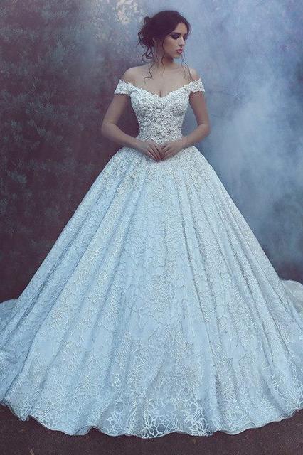 Ball Gown Off the Shoulder Sweetheart Lace Wedding Dresses Long Bridal Dresses