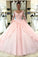 Ball Gown Pink V Neck Long Sleeve Appliques Prom Dresses with Lace up Quinceanera Dresses