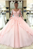 Ball Gown Pink V Neck Long Sleeve Appliques Prom Dresses with Lace up Quinceanera Dresses